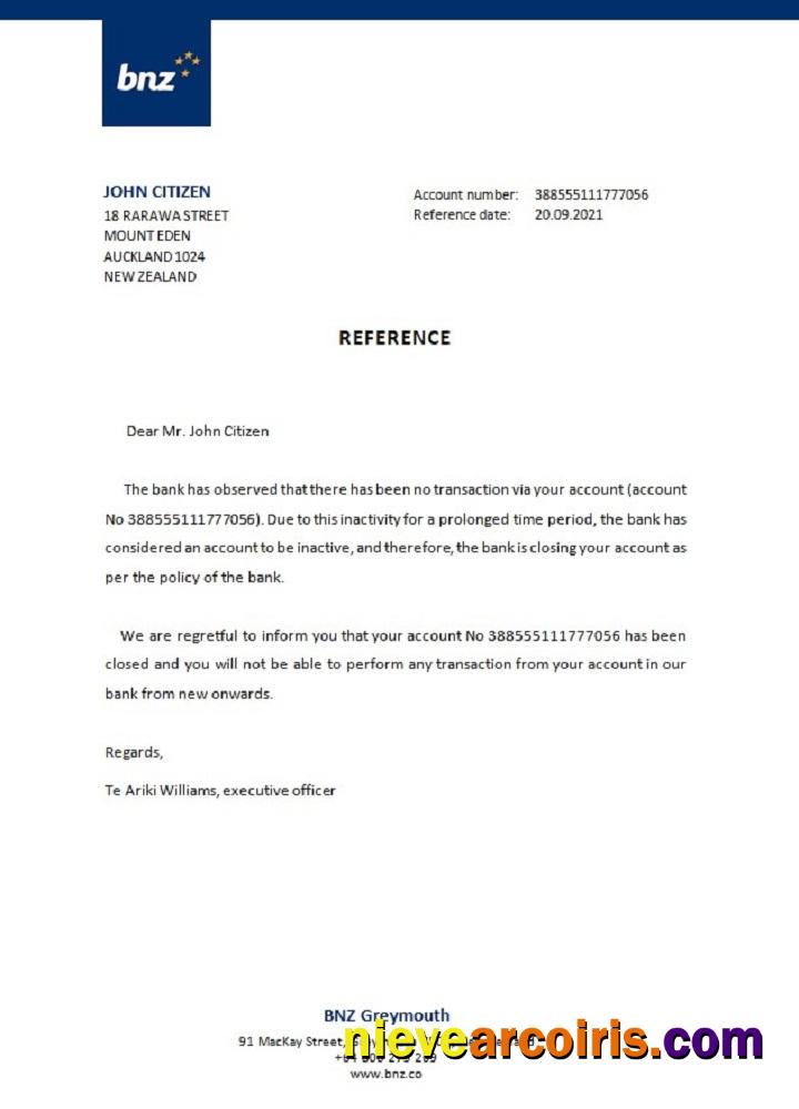 New Zealand BNZ closure reference